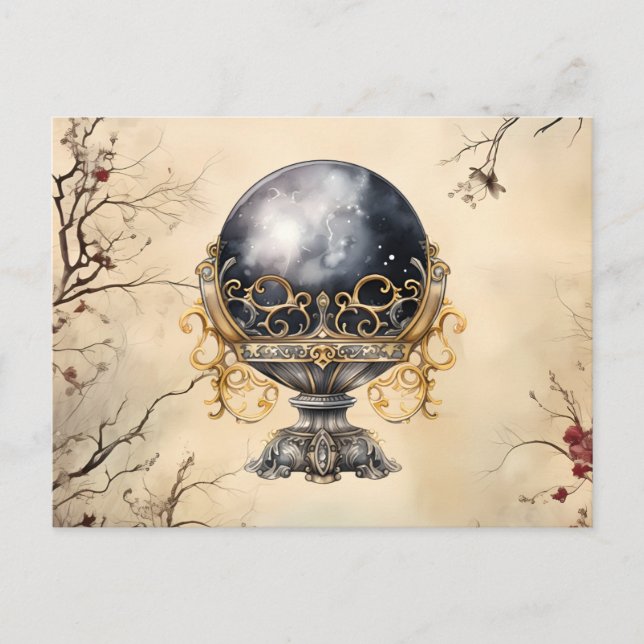 Postal Festiva Bola de Cristal Negro Árboles de Hoja de Pergamino (Anverso)
