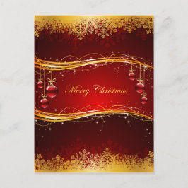 Postal Festiva Bolas de Navidades rojos y dorados y copos de niev
