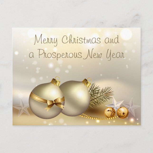 Postal Festiva Bolas de oro, campanas y estrellas (Anverso)