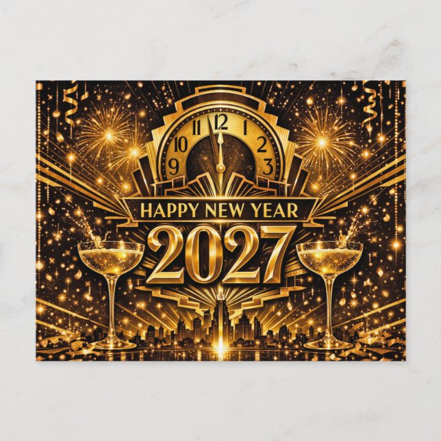 Postal Festiva Bold Gold Art Deco City New Year 2027 (Anverso)