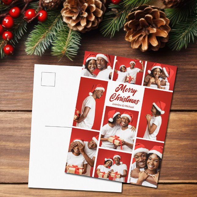 Postal Festiva Bold Red Merry Christmas Photo Collage 2025 (Subido por el creador)