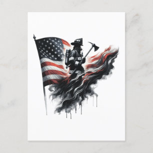 Postal Festiva Bombero americano. Bandera de los Estados Unidos.