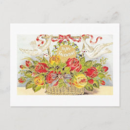 Postal Festiva Bonita cesta de Rosas y palomas de San Valentín