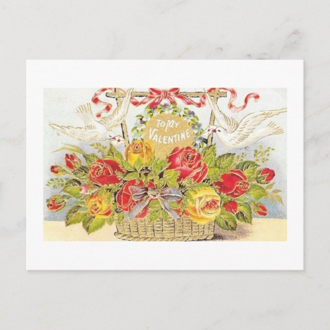 Postal Festiva Bonita cesta de Rosas y palomas de San Valentín (Anverso)
