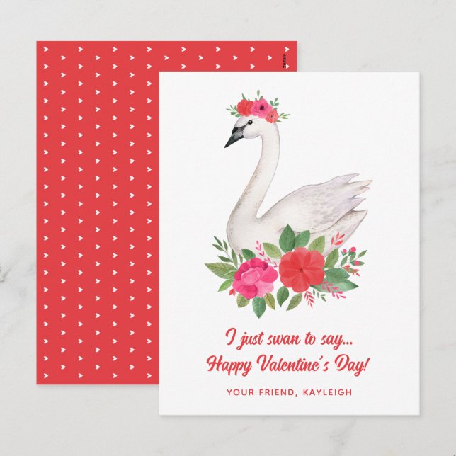 Postal Festiva Bonito acuarela Floral Swan Classroom Valentine (Anverso / Reverso)