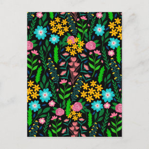 Postal Festiva Bonito Blue Pink Garden Flores Diseño Negro