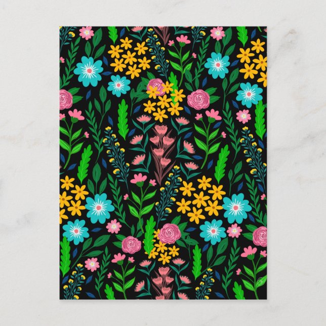 Postal Festiva Bonito Blue Pink Garden Flores Diseño Negro (Anverso)