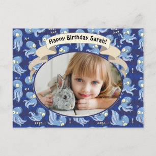 Postal Festiva Boo Octopus Blue Cute Kids Invito Fiesta de cumple
