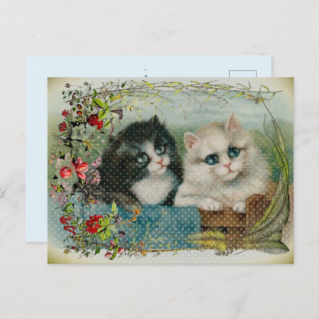 Postal Festiva Borde floral de gatos blancos y negros (Anverso / Reverso)