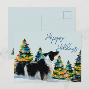 Postal Festiva Border Collie en nieve de invierno árbol de Navida