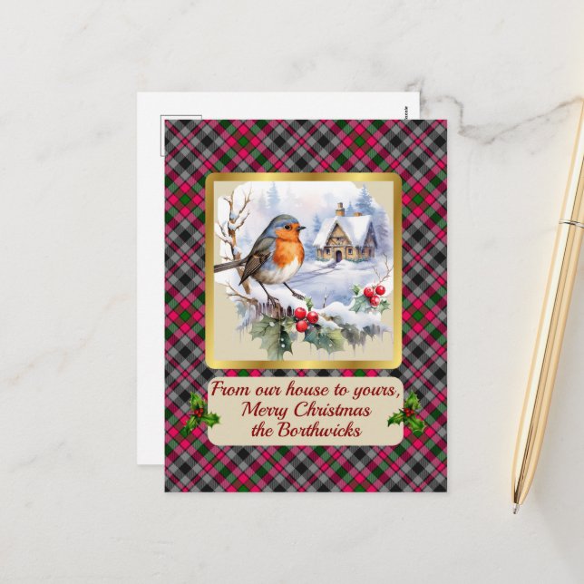 Postal Festiva Borthwick Escudo y Tartan w/Robin personalizado (Anverso/Reverso In Situ)