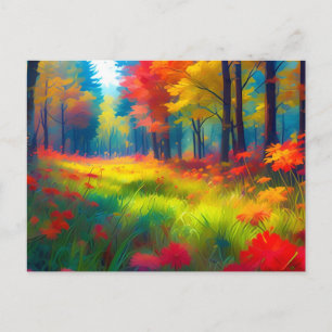 Postal Festiva Bosque con árboles y flores coloridos