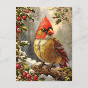 Postal Festiva Bosque de navidades con Berry Holly, Ave, Invierno
