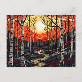 Postal Festiva Bosque de otoño con pájaros carpinteros