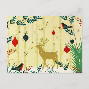Postal Festiva Bosque Dorado Invierno Reno Aves