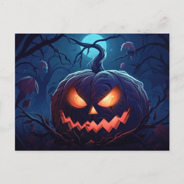 Postal Festiva Bosque espeluznante con faroles Jack-O' Halloween (Anverso)