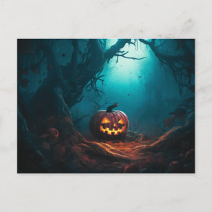 Postal Festiva Bosque espeluznante con faroles Jack-O' Halloween