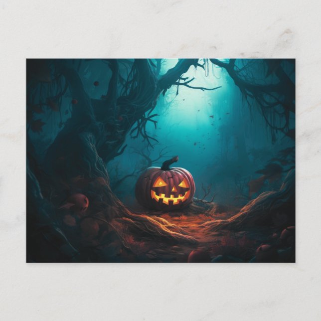 Postal Festiva Bosque espeluznante con faroles Jack-O' Halloween (Anverso)