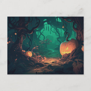 Postal Festiva Bosque espeluznante con faroles Jack-O' Halloween