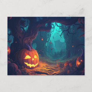 Postal Festiva Bosque espeluznante con faroles Jack-O' Halloween