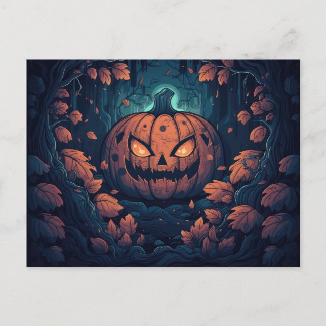 Postal Festiva Bosque espeluznante con faroles Jack-O' Halloween (Anverso)