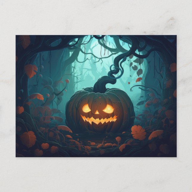 Postal Festiva Bosque espeluznante con faroles Jack-O' Halloween (Anverso)