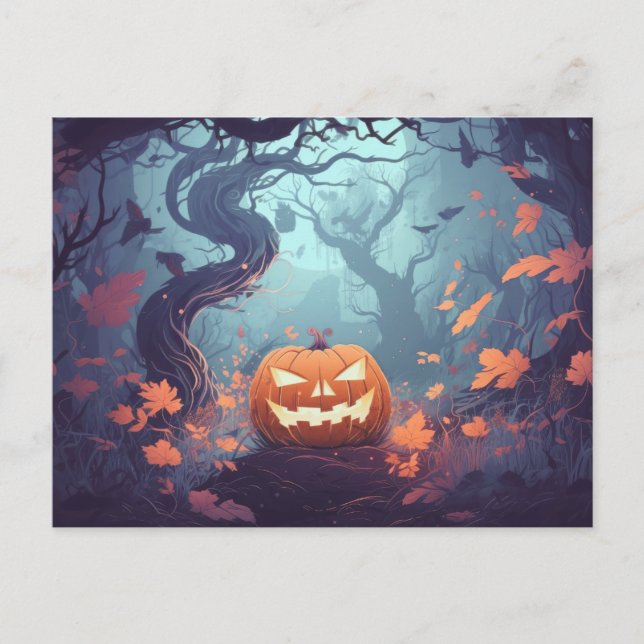 Postal Festiva Bosque espeluznante con faroles Jack-O' Halloween (Anverso)