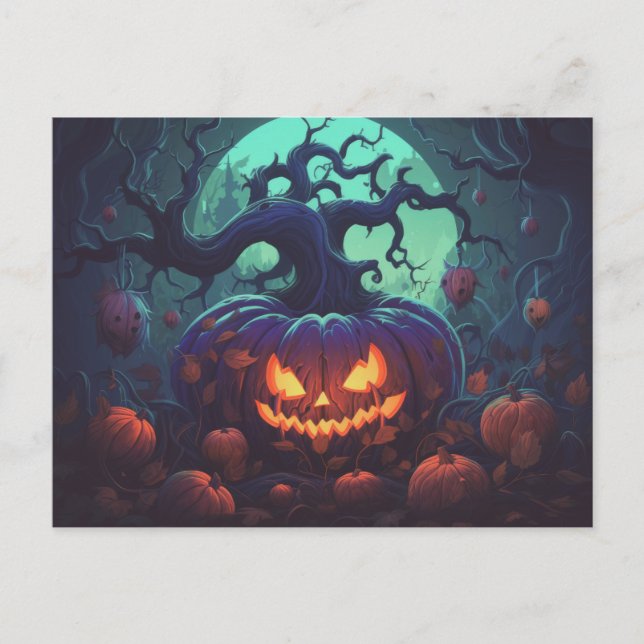 Postal Festiva Bosque espeluznante con faroles Jack-O' Halloween (Anverso)