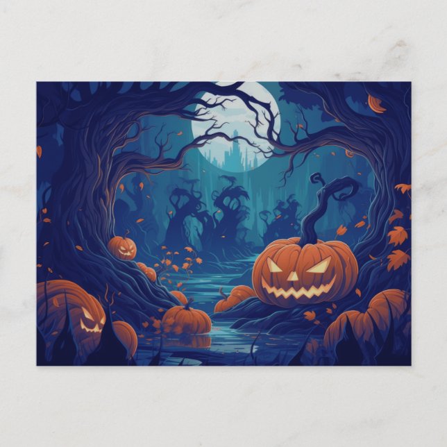 Postal Festiva Bosque espeluznante con faroles Jack-O' Halloween (Anverso)