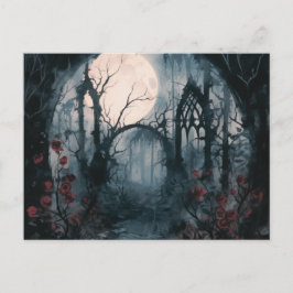 Postal Festiva Bosque Espeluznante Luna Llena Rosas Rojas Hallowe