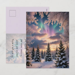 Postal Festiva Bosque invernal nevado, cristales de hielo, luces