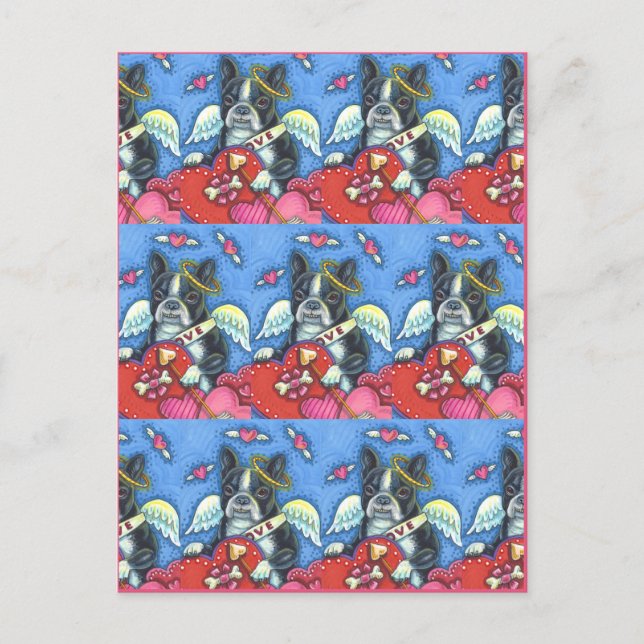 POSTAL FESTIVA BOSTON TERRIER BLANCO CUPIDO, CORTAR VALENTINA DE  (Anverso)