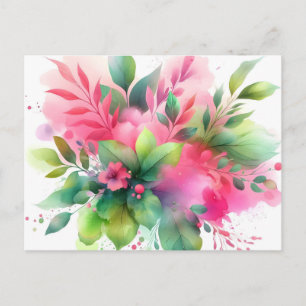 Postal Festiva Botánico Floral Acuarela Rosa Verde