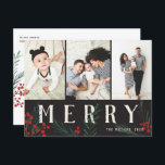 Postal Festiva Botánicos tipográficos 3 Photo Merry<br><div class="desc">Postal. Completamente personalizable en todos los sentidos posibles, esta nueva colección de tarjetas de vacaciones cuenta con nuestras originales bayas de invierno pintadas a mano y obras de arte folclórico. Los audaces saludos modernos entrelazados entre las obras de arte hacen una extraña declaración tipográfica que destaca. Esta colección incluye varias...</div>