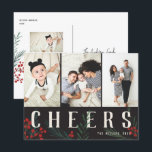 Postal Festiva Botánicos tipográficos 3 vítores de fotos<br><div class="desc">Postal. Completamente personalizable en todos los sentidos posibles, esta nueva colección de tarjetas de vacaciones cuenta con nuestras originales bayas de invierno pintadas a mano y obras de arte folclórico. Los audaces saludos modernos entrelazados entre las obras de arte hacen una extraña declaración tipográfica que destaca. Esta colección incluye varias...</div>