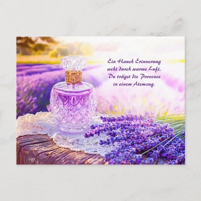 Postal Festiva Botella perfume en campo de lavanda floreciente (Anverso)
