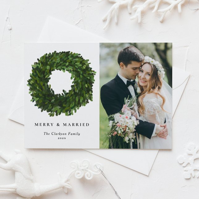 Postal Festiva Boxwood pintada a mano Wreath Merry y foto casada (Subido por el creador)