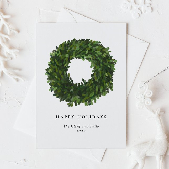 Postal Festiva Boxwood pintado a mano Wreath Felices Fiestas (Subido por el creador)