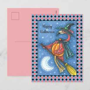 POSTAL FESTIVA BRAZA DE FLAMINGO ROSA, VOLANDO SOBRE LA LUNA EN U