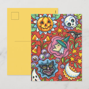 POSTAL FESTIVA BRAZO, GATO, FANTASMA, COLORIDO JARDÍN DEL PUEBLO