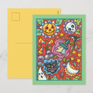 POSTAL FESTIVA BRAZO, GATO, FANTASMA, COLORIDO JARDÍN DEL PUEBLO
