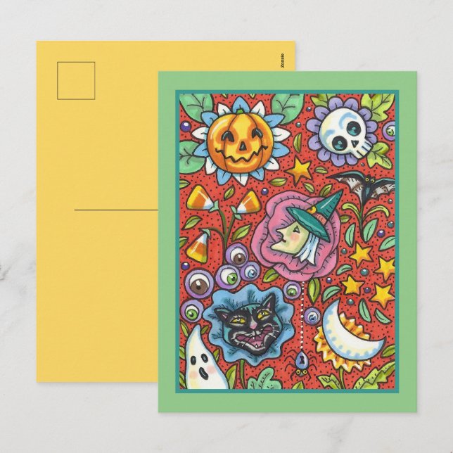 POSTAL FESTIVA BRAZO, GATO, FANTASMA, COLORIDO JARDÍN DEL PUEBLO  (Anverso / Reverso)