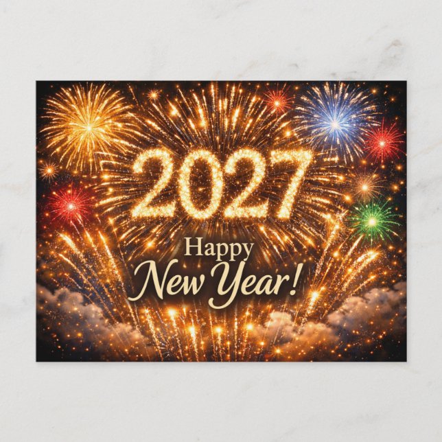 Postal Festiva Brilliant Golden Fireworks Happy New Year 2027 (Anverso)