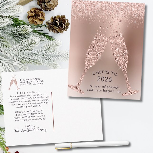 Postal Festiva Brindis por el 2026 Año del Cambio Año Nuevo (Cheers to 2026 Year of Change Rose Gold New Year Holiday Postcard)