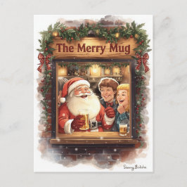 Postal Festiva British Christmas Card with Santa Claus at Pub