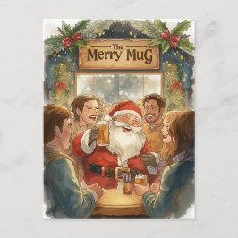 Postal Festiva British Christmas Card with Santa Claus at Pub