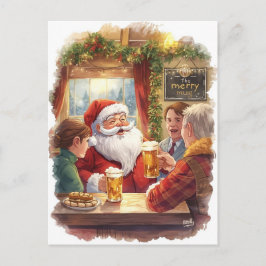 Postal Festiva British Christmas Card with Santa Claus at Pub