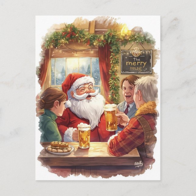 Postal Festiva British Christmas Card with Santa Claus at Pub (Anverso)