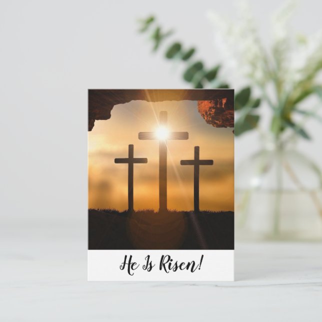 Postal Festiva Brown Crosses He Is Risen Christian Happy Easter (Anverso de pie)