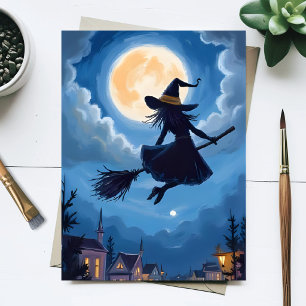 Postal Festiva Bruja a la luz de la luna Escoba de Halloween Acua